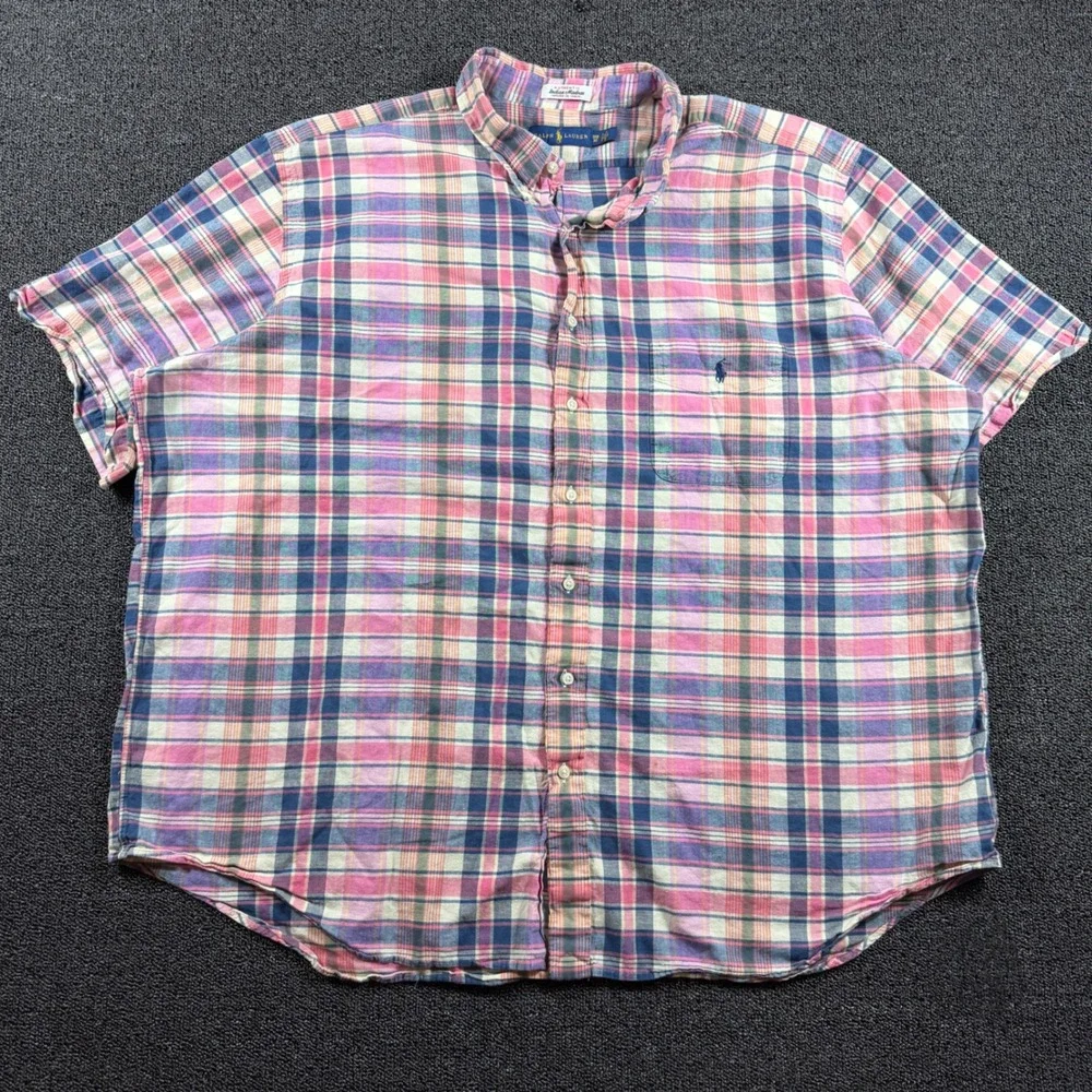 Polo Ralph Lauren Indian Madras Shirt Mens 3XB Pink Blue Plaid Short Sleeve Pony